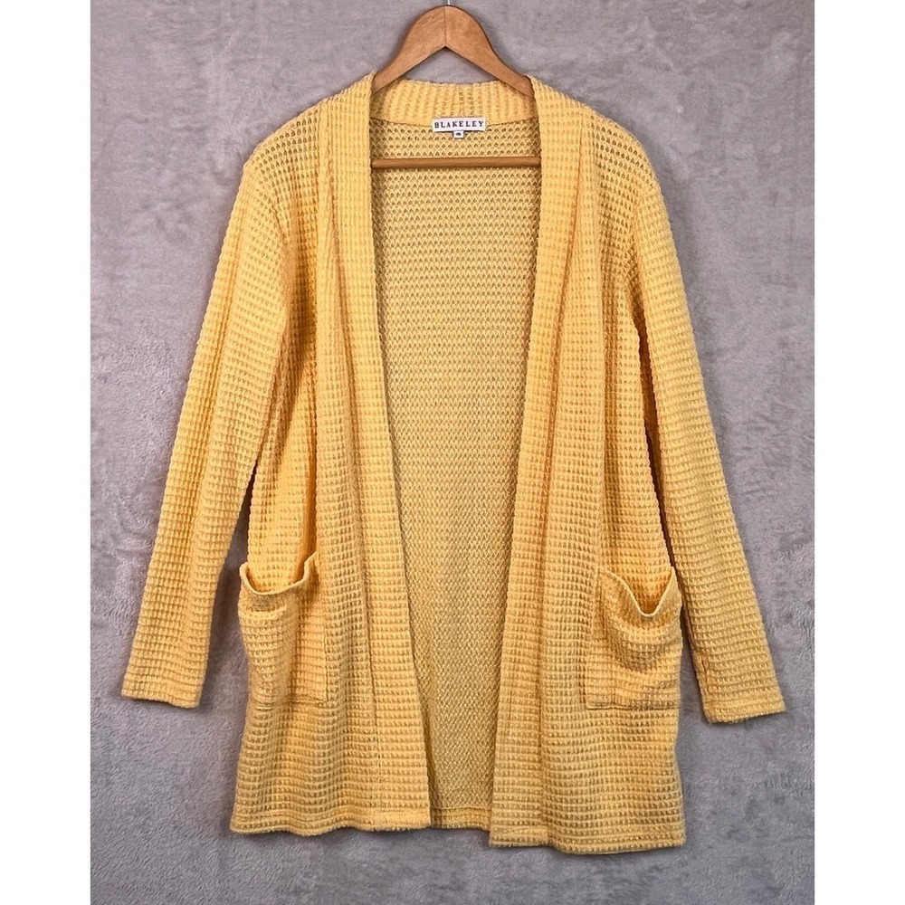 Blakeley Womens Yellow Cardigan Waffle Knit Medium Open Front Pocket SweaterUSA
